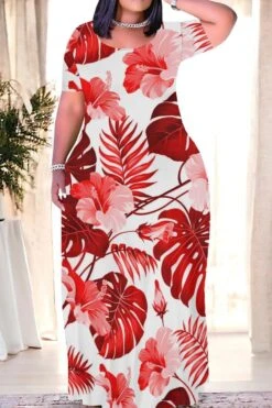 S-5XL Casual Slight Stretch Floral Leaf Printed Maxi Dress Wholesale