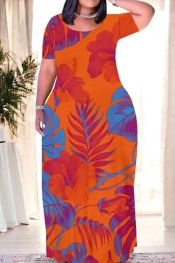 S-5XL Casual Slight Stretch Floral Leaf Printed Maxi Dress#1 Wholesale