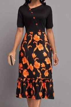 New Casual Plus-size Slight Stretch Patchwork Batch Printing Midi Floral Dress Wholesale