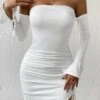 Sexy Slight Stretch Solid Color Off Shoulder Slit Drawstring Mini Dress Wholesale