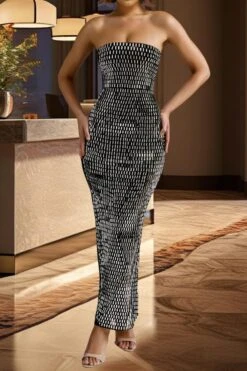 Sexy Plus Size Slight stretch Rhinestone Strapless Slit Maxi Dress Wholesale Tank & Cami Dresses