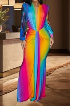 Sexy Plus Size Stretch Gradient Deep V Pleated With Shoulder Pad Maxi Dress Wholesale