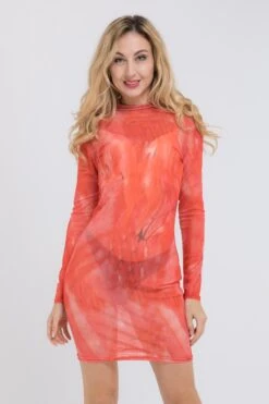 Plus Size Sexy Fashion Temperament Mesh See Through Stretch Long Sleeve Round High Neck Dress Wholesale