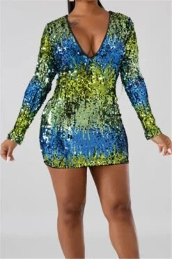 Autumn New Plus Size Sequins Decorated Stretch V-neck Back Zip-up Sexy Dress Wholesale Mini Dresses