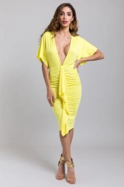 New Sexy Deep V Collar Stretch Ruffle Pleated Dress Wholesale