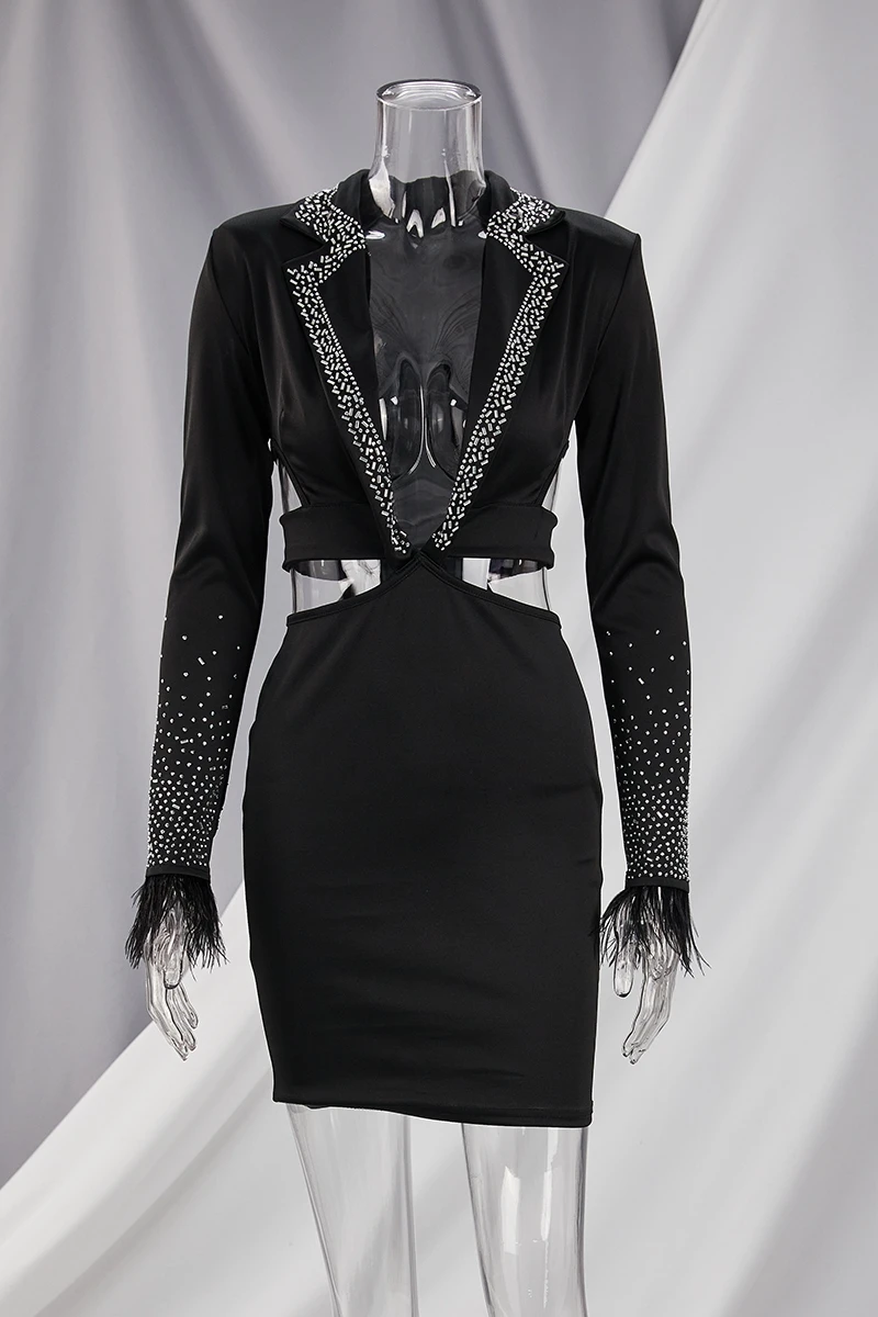 Autumn New Stylish Hollow Shoulder Pad Stretch Plus Size Deep V Zip-up Rhinestone Sexy Mini Dress Wholesale Plus-Size Dresses - Image 3