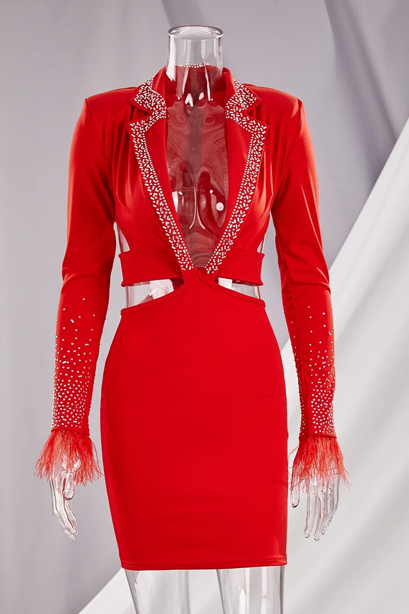 Autumn New Stylish Hollow Shoulder Pad Stretch Plus Size Deep V Zip-up Rhinestone Sexy Mini Dress Wholesale Plus-Size Dresses - Image 14