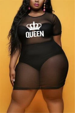 L-4XL Plus Size Summer New Stylish 6 Colors Simple Letter Printing Mesh See-through Stretch Loose Sexy Mini Dress(without Underwear) Wholesale