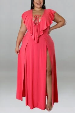 XL-5XL Summer New Plus Size 6 Colors Solid Color Stretch V-neck Lace-up Ruffle High Split Sexy Maxi Dress Wholesale Maxi&Gown