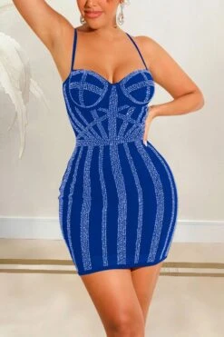 S-2XL Plus Size Summer New 4 Colors Mesh Patchwrok Sling Rhinestone Decor Bodycon Stylish Sexy Mini Dress Wholesale Plus-Size Dresses