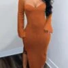 S-3XL Plus Size Autumn New Stylish Three Colors Solid Color Square Neck Long Sleeve Stretch Slit Sexy Midi Dress Wholesale Midi Dresses