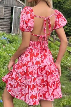 Summer New Floral Batch Printing Slight Stretch Ruffle Smocked Lace Up Backless Stylish Sexy Mini Dress Wholesale