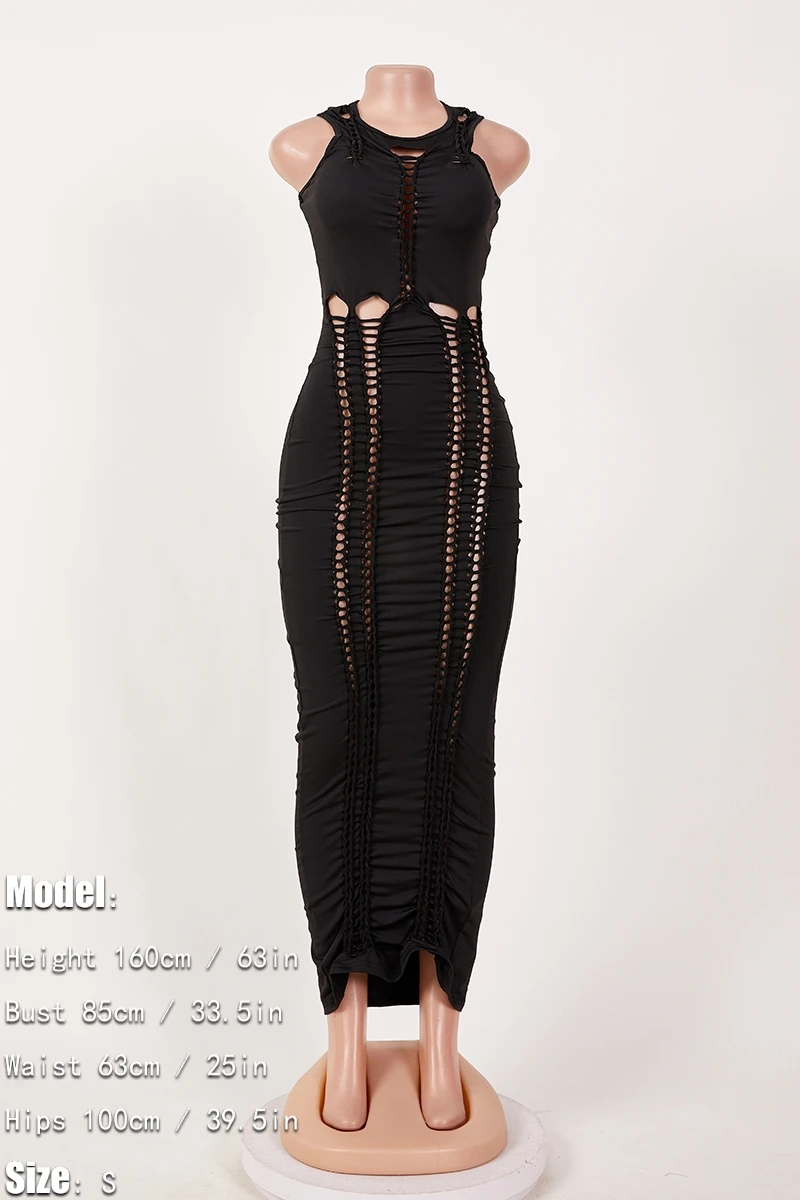 Sexy Plus Size Slight stretch Solid Color Slim Hollow Sleeveless Maxi Dress Wholesale - Image 12