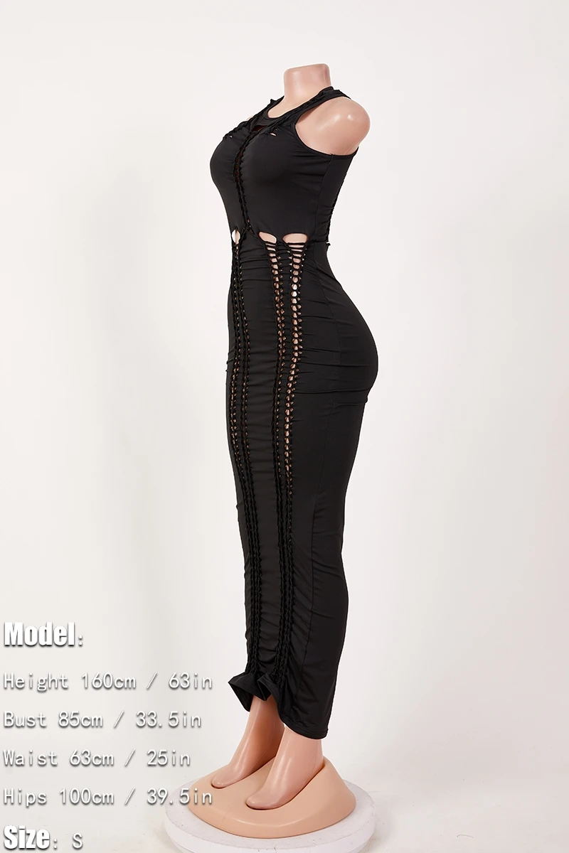 Sexy Plus Size Slight stretch Solid Color Slim Hollow Sleeveless Maxi Dress Wholesale - Image 13