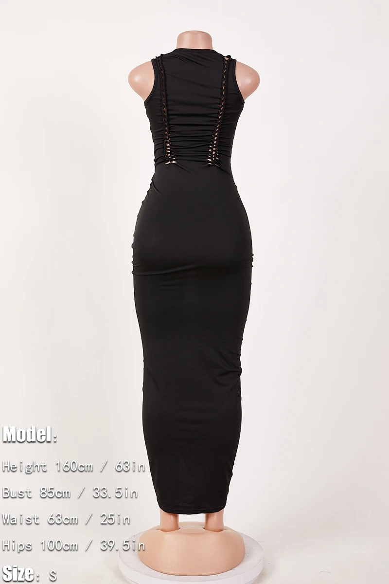 Sexy Plus Size Slight stretch Solid Color Slim Hollow Sleeveless Maxi Dress Wholesale - Image 14