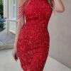 Sexy Plus Size Slight Stretch Sequin Crew Neck Beaded Chain Mini Dress Wholesale Tank & Cami Dresses