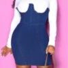Autumn Solid Color Spliced Denim Plus Size Zip-up Stretch Slim Dress Wholesale