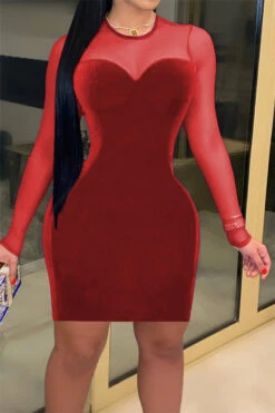 Autumn Plus Size Velvet Stitching Mesh See Through Zip-up Sexy Slim Dress Wholesale