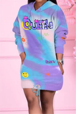 Gradient Color Letters Print Stretch Hooded Lace-up Stylish Casual Dress Wholesale Bodycon Dresses