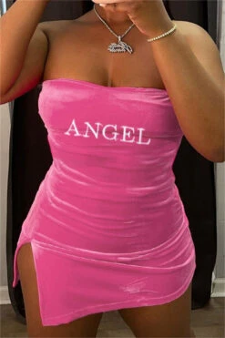 Summer New Plus Size Letter Embroidered Stretch Velvet Fabric Tube Top Slit Side Sexy Mini Dress Wholesale