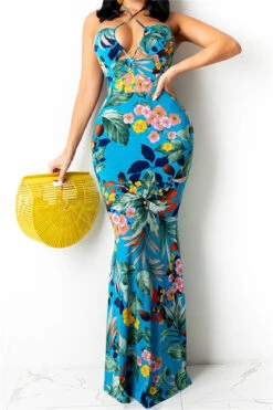 New Batch Printing Stretch Halter-neck Hollow Sexy Fishtail Maxi Dress Wholesale Maxi&Gown