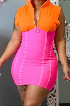 Contrast Stitching Plus Size Solid Color Zip-up Hooded Sleeveless Slim Dress Wholesale