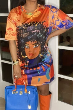 Plus Size 4 Colors Multicolor Printing Round Neck Summer Loose Casual Mini Dress Wholesale