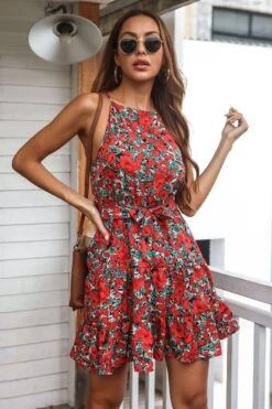 New Style Summer Flower Printing Sleeveless Bandage Mini Dress Wholesale