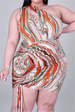 L-4XL Plus Size Sexy Batch Printing One Shoulder Slim Drawstring Mini Dress Wholesale Mini Dresses