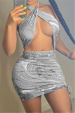 New Stylish Batch Printing Halter Neck Drawstring Laced Hollow Out Sexy Slim Dress #4# Wholesale Mini Dresses