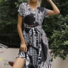 Plus Size New Stylish Summer Batch Printing V-neck Button Dress (with Belt) #5# Wholesale
