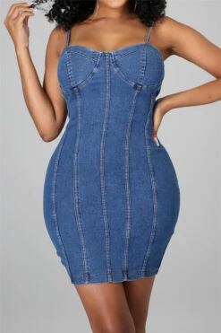 Plus Size New Style Solid Color Summer Stretch Back Zip-up Sling All-match Denim Mini Dress Wholesale