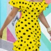 Summer Off Shoulder Plus Size Dot Batch Printing New Stylish Ruffle Stretch Slim Mini Dress Wholesale